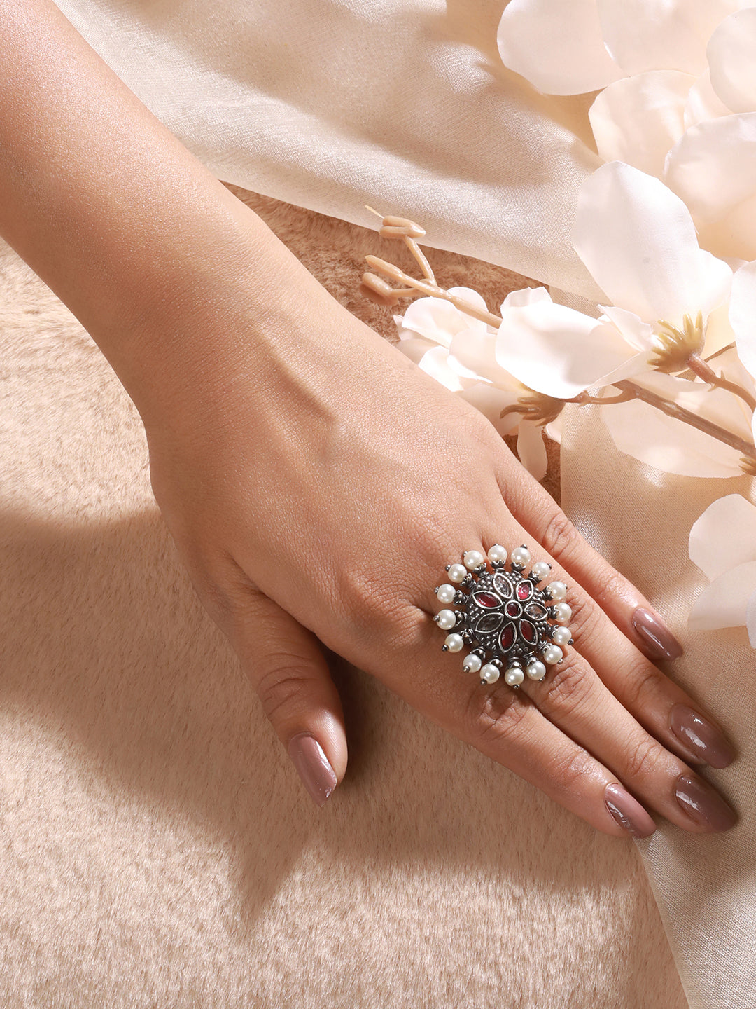 Oxidized Silver-Plated Red & White Stone-Studded & Pearl Adjustable Finger Ring - Jazzandsizzle