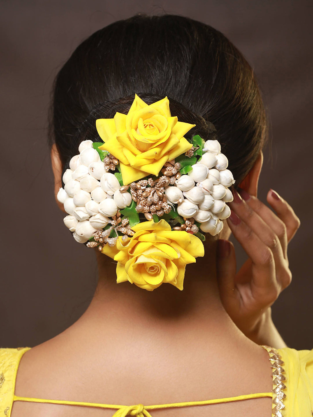 Women Yellow Rose & White Mogra Embellished Artificial Flower Gajra Designed Hair Bun Cover - Jazzandsizzle