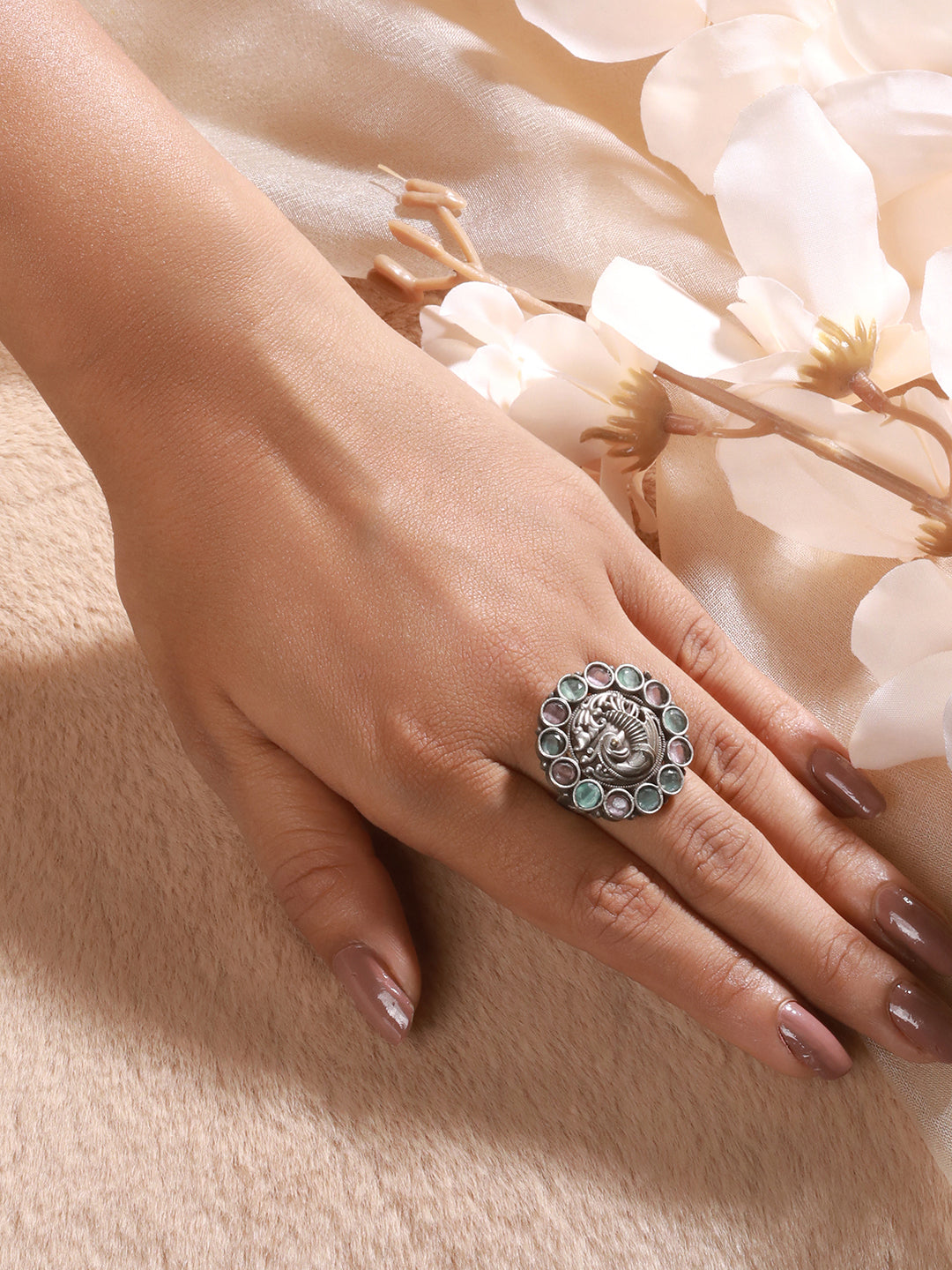 Silver-Plated Pink & Green Stone Studded Oxidised Peacock Shaped Adjustable Finger Ring - Jazzandsizzle