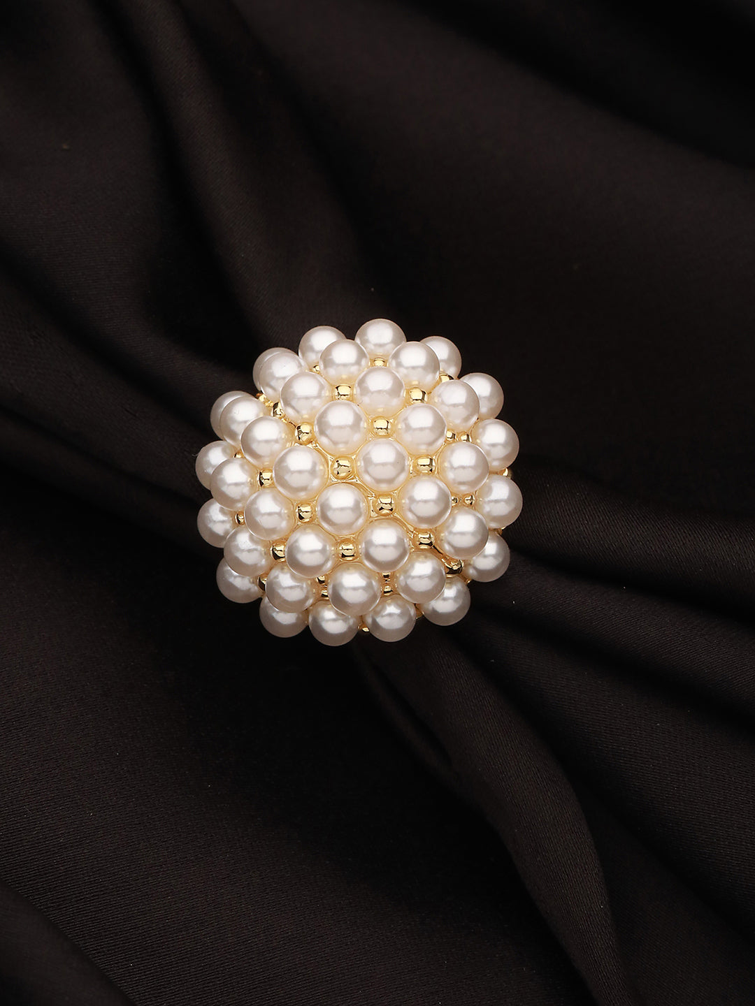 Gold-Plated Artificial Pearls Studded Flower Design Adjustable Finger Ring - Jazzandsizzle