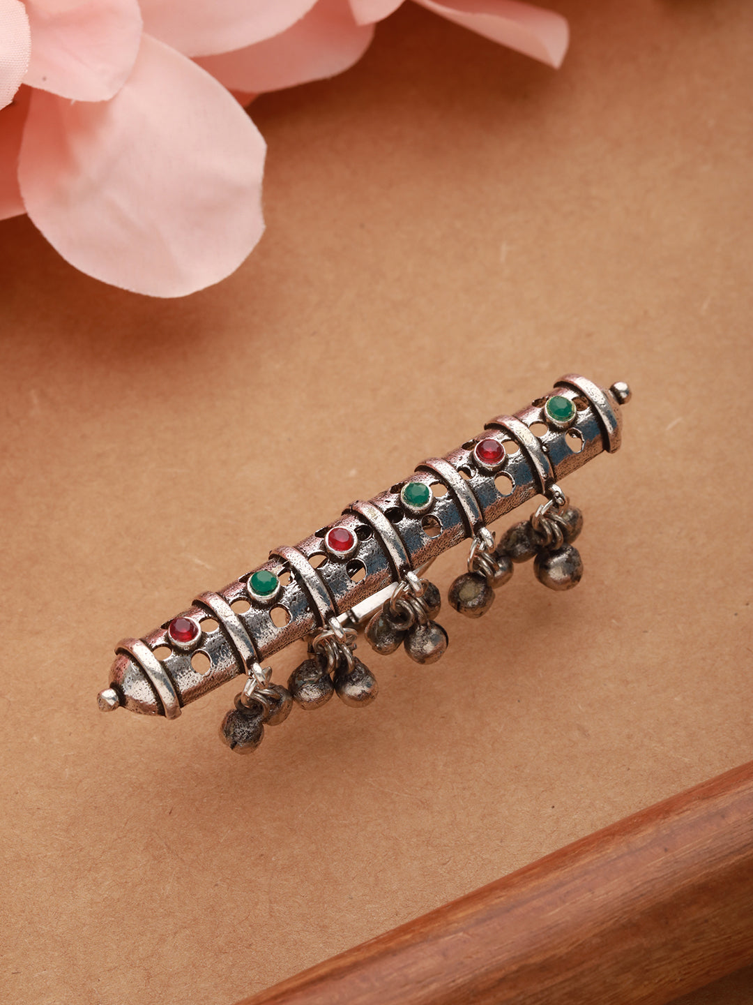 Jazz And Sizzle Silver Plated Red &amp; Green Stone Studded Adjustable Finger Ring - Jazzandsizzle