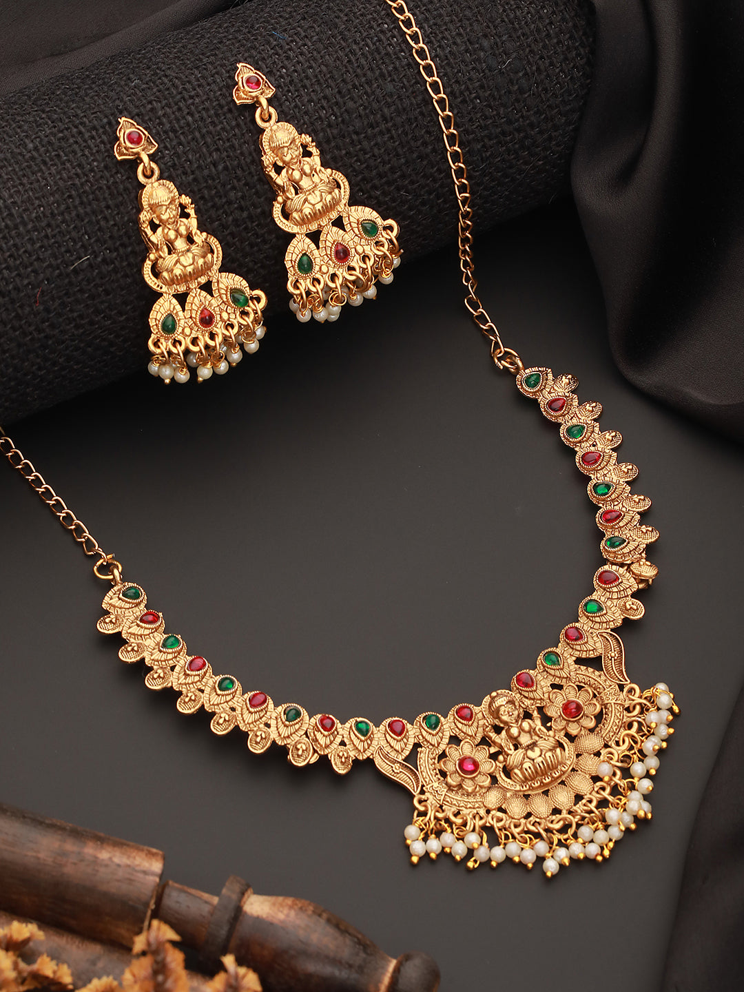 Jazz and Sizzle Gold-Plated Stones Studded & Beads Beaded Temple Necklace With Earrings