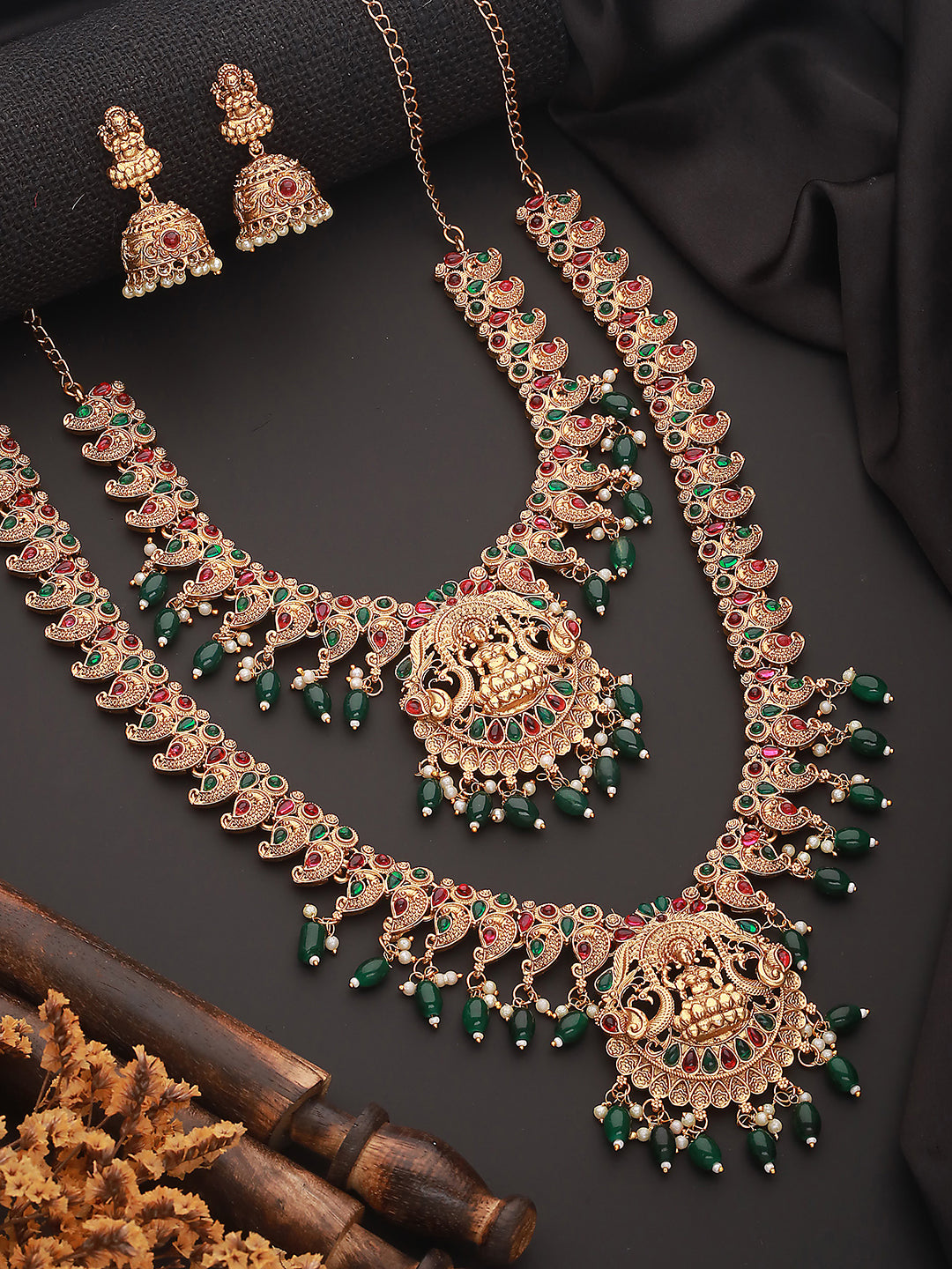 Set Of 2 Green Kemp Stone Studded & Beaded Gold-Plated Peacock Shaped Temple Choker Jewelry Set