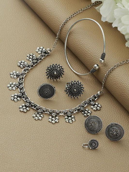 Oxidised Silver-Plated German Silver Jewellery Set with Bracelet,Ring & Toe Ring - Jazzandsizzle