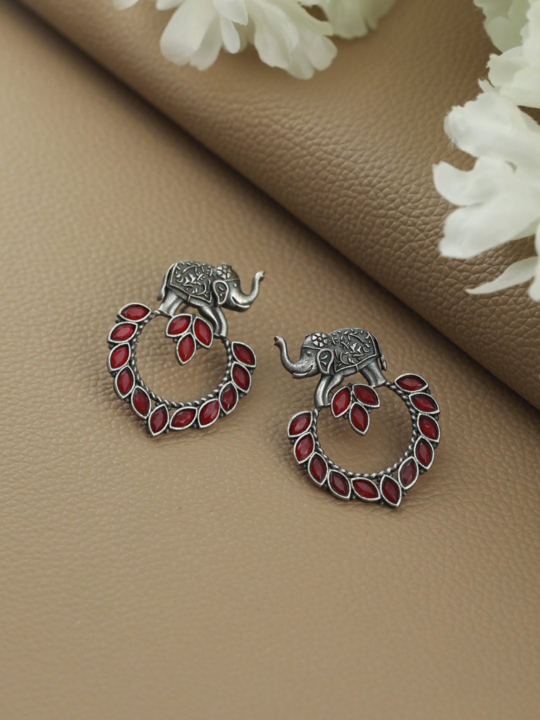 Oxidised Silver-Toned & Elephant Shaped Handcrafted Red Stone Studded Chandbalis