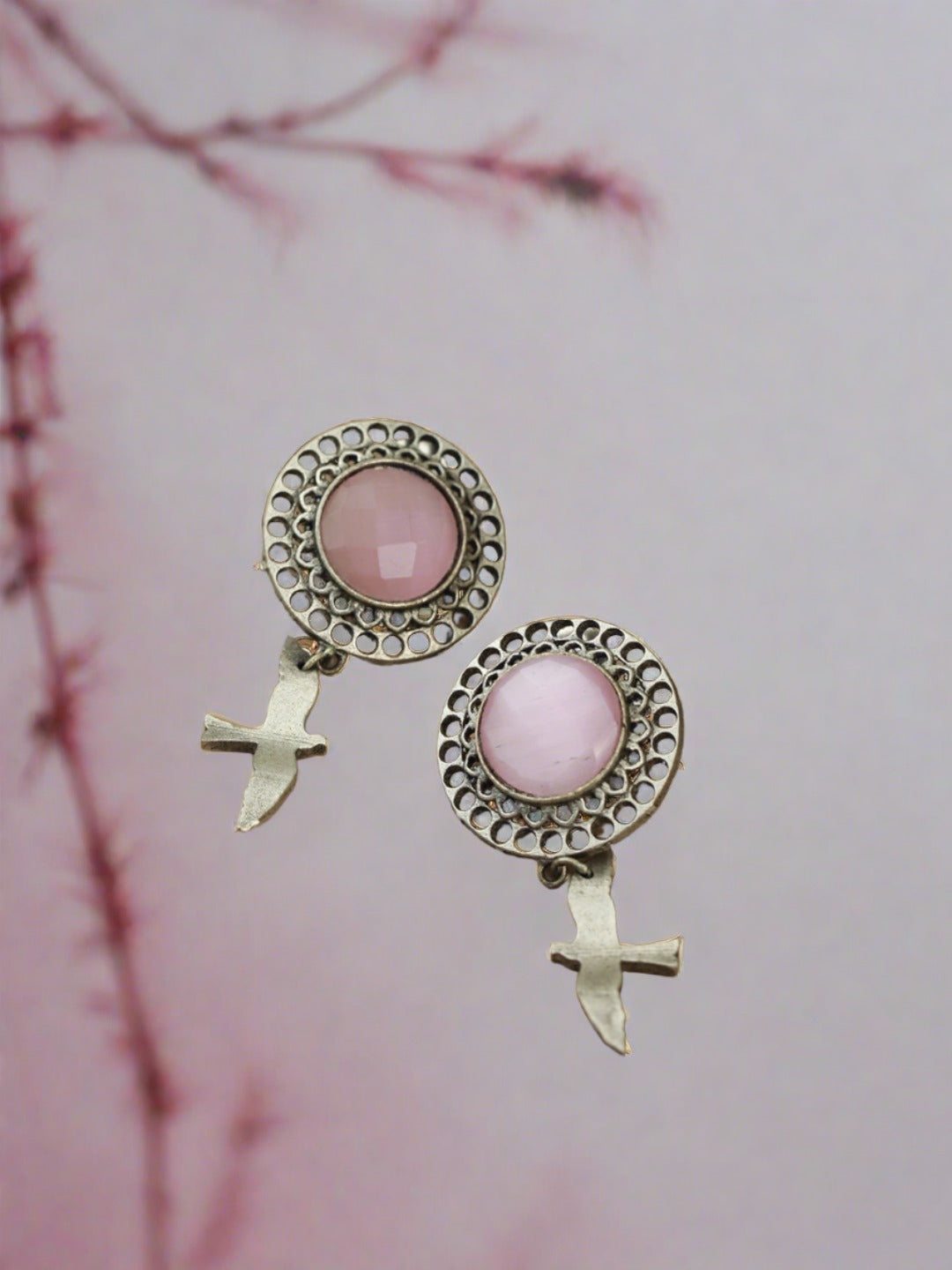 Jazz And Sizzle Pink Stone Studded Silver Toned Drop Earrings - Jazzandsizzle