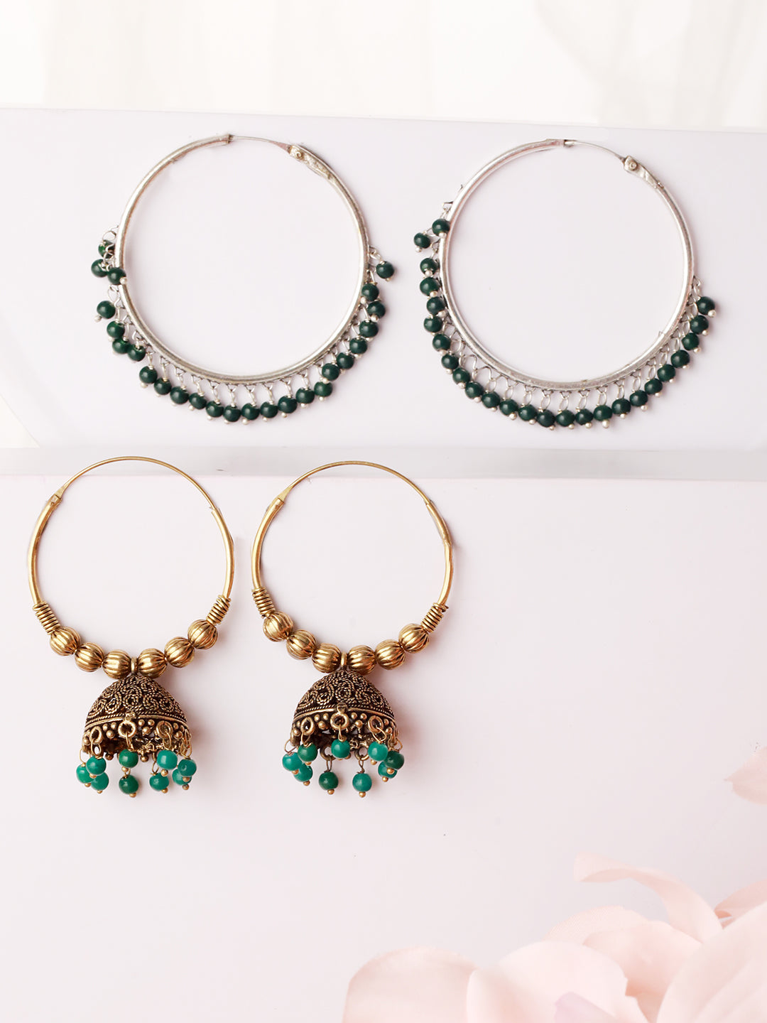 Set Of 2 Gold Plated & Green Pear Beaded Circular shapes Hoop Earrings - Jazzandsizzle