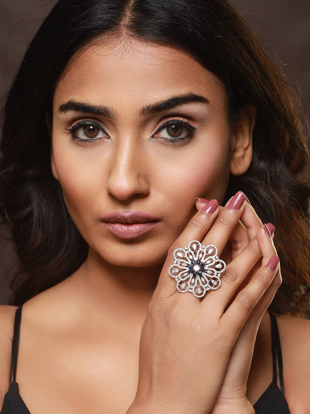 Silver-Plated Blue & White AD Studded Adjustable Cocktail Finger Ring - Jazzandsizzle