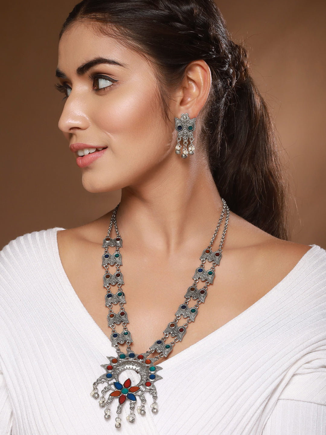 Jazz And Sizzle Oxidized Silver-Plated & Ghungroo Beaded Floral Jewelry Set