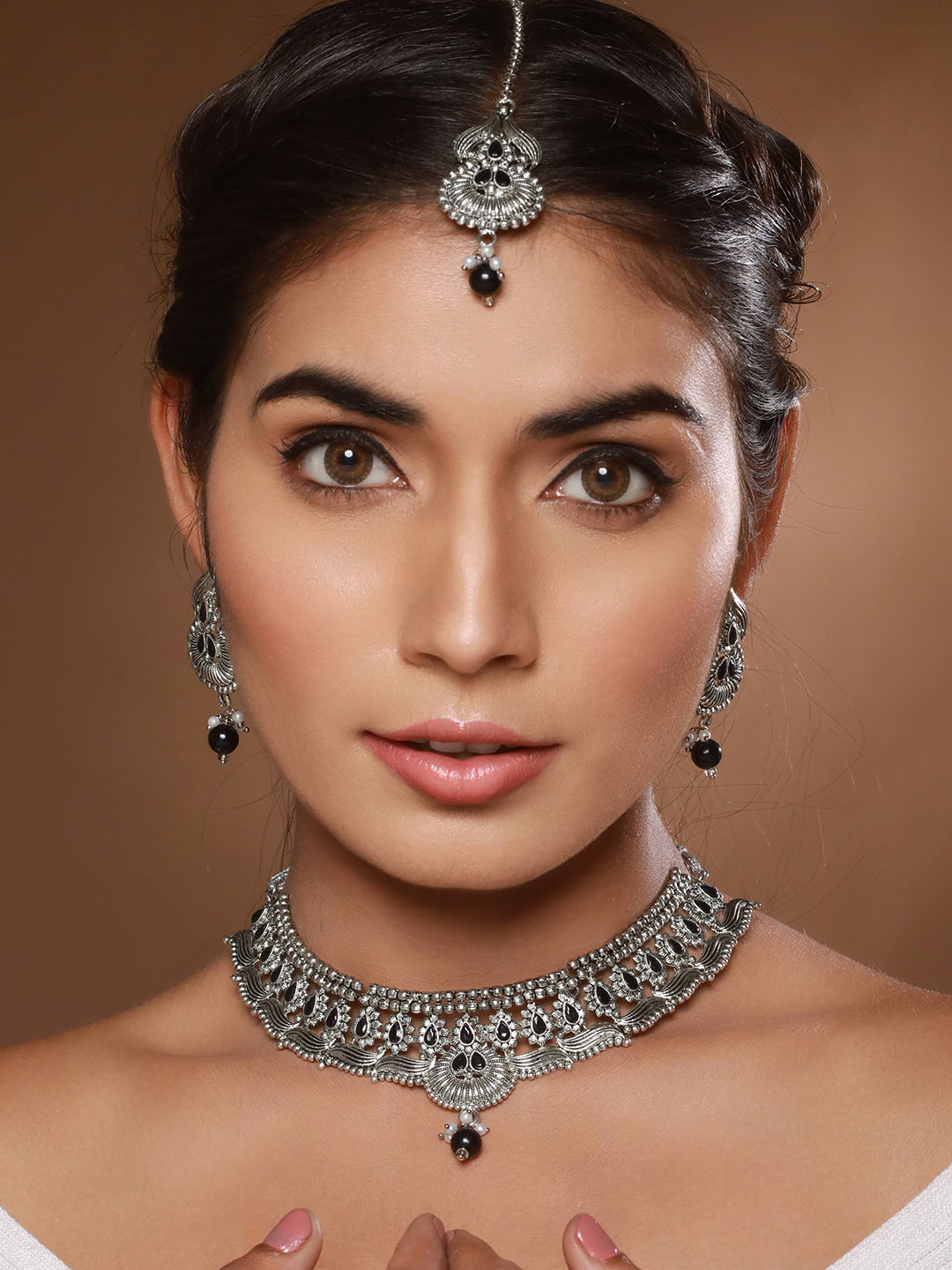 Jazz and Sizzle Silver Plated & Black Stone Studded & Beaded Traditional Choker Jewellery Set With Maangtikka