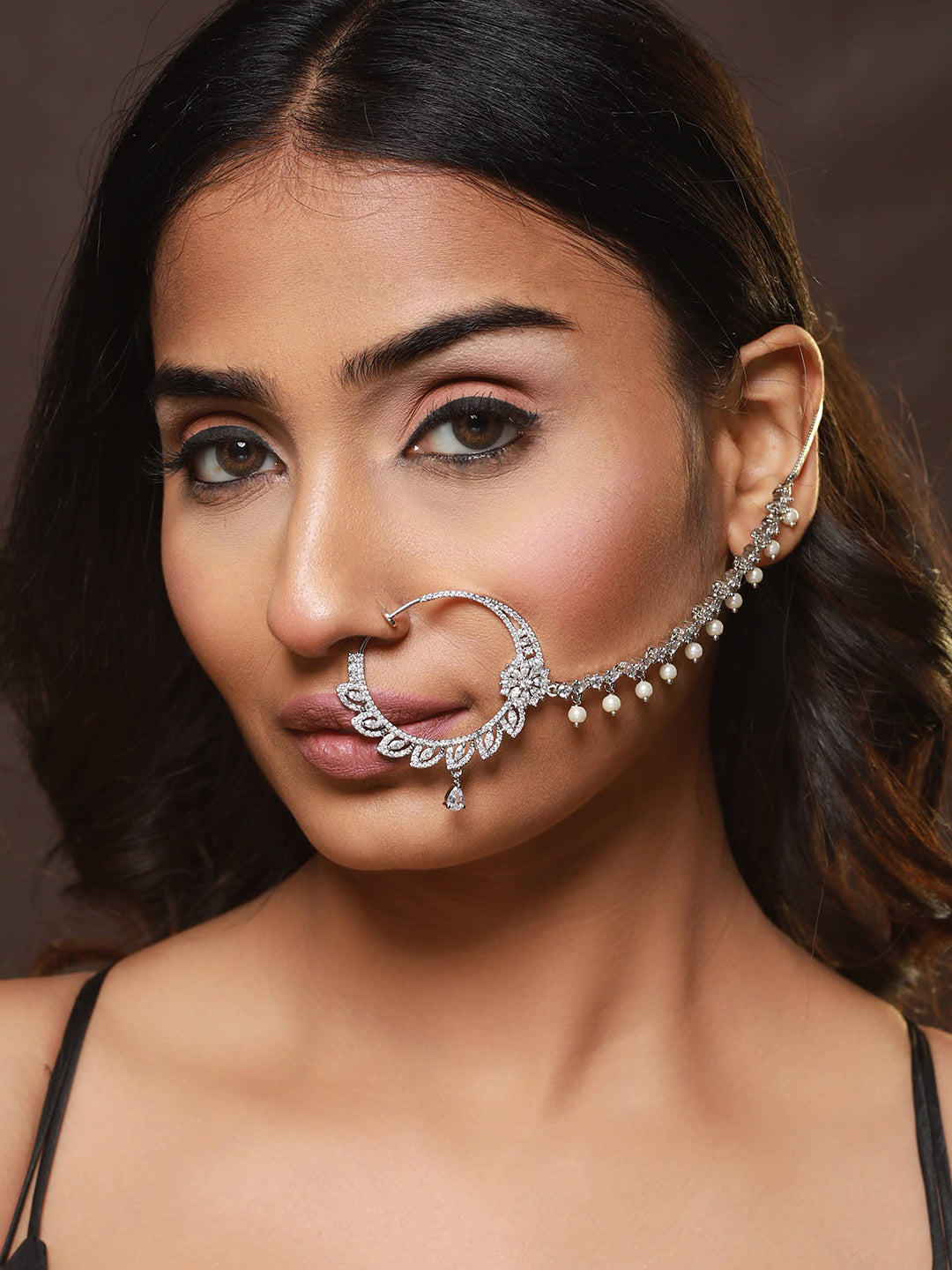 Silver Plated White Floral American Diamond Studded Handcrafted Nose Ring With Pearl Drop Chain - Jazzandsizzle