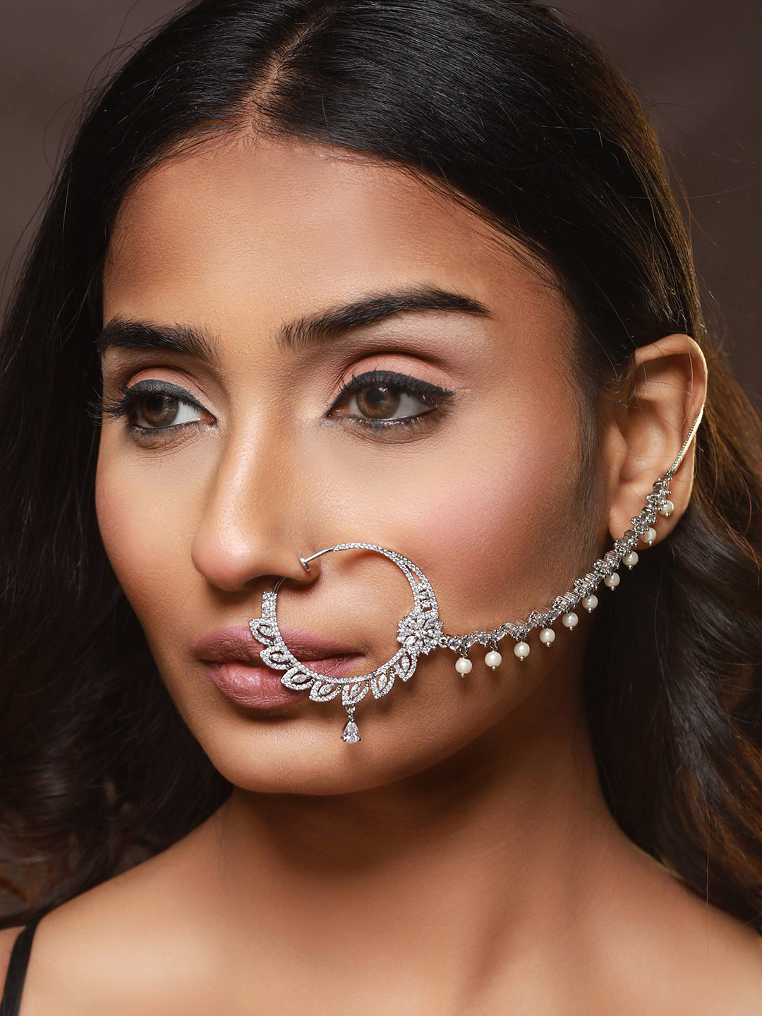 Silver Plated White Floral American Diamond Studded Handcrafted Nose Ring With Pearl Drop Chain - Jazzandsizzle