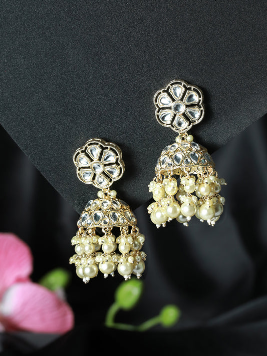 Jazz And Sizzle Floral Dome Shaped Pearl Beaded & Gold Plated Classic Jhumka Earrings - Jazzandsizzle