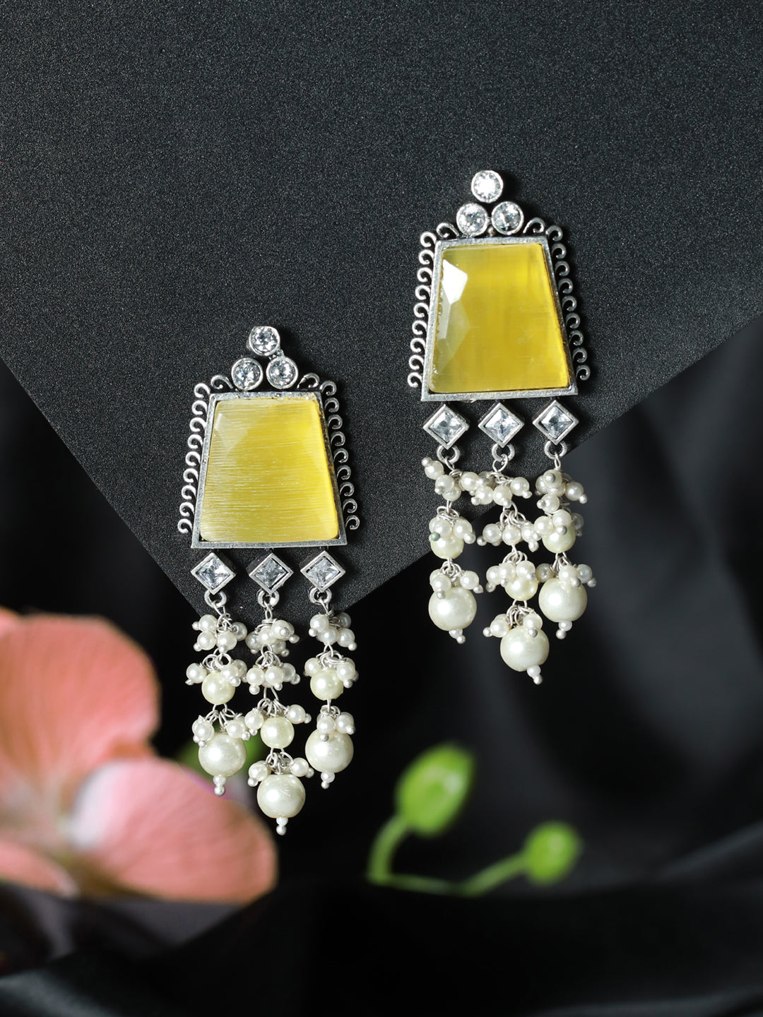 Silver Toned &Yellow Stone & Ad Studded Contemporary Drop Earrings