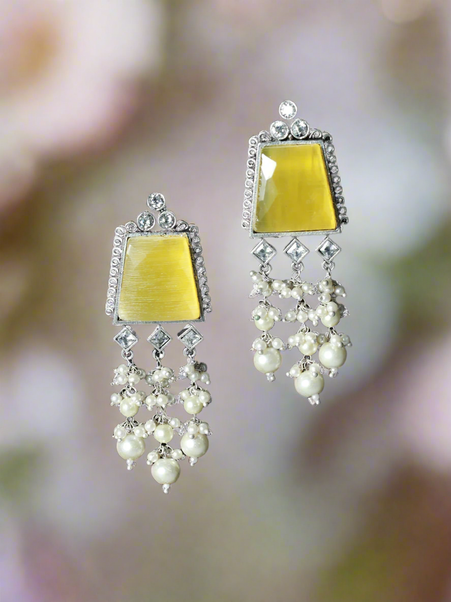 Silver Toned &Yellow Stone & Ad Studded Contemporary Drop Earrings