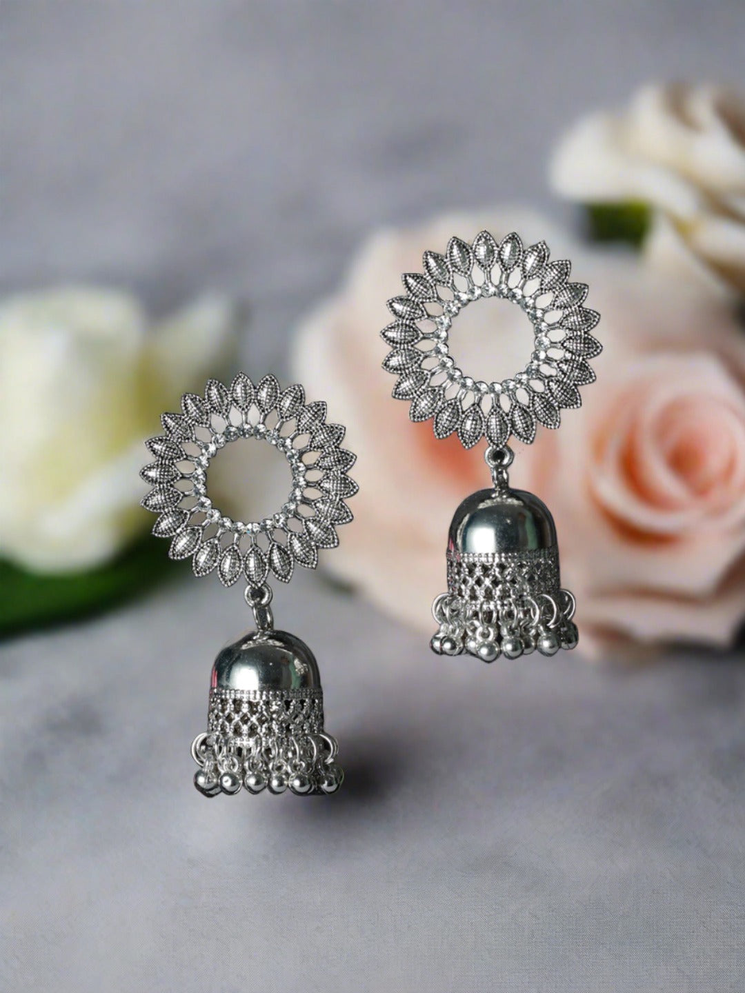 Silver-Plated & Silver Toned Dome Shaped Jhumka earrings - Jazzandsizzle