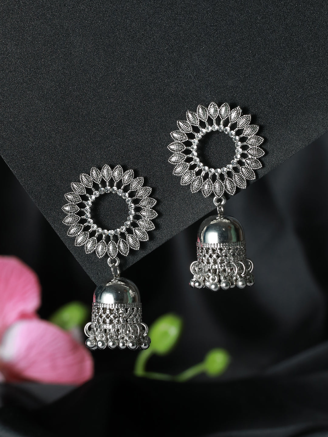 Silver-Plated & Silver Toned Dome Shaped Jhumka earrings - Jazzandsizzle