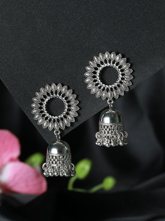 Silver-Plated & Silver Toned Dome Shaped Jhumka earrings - Jazzandsizzle