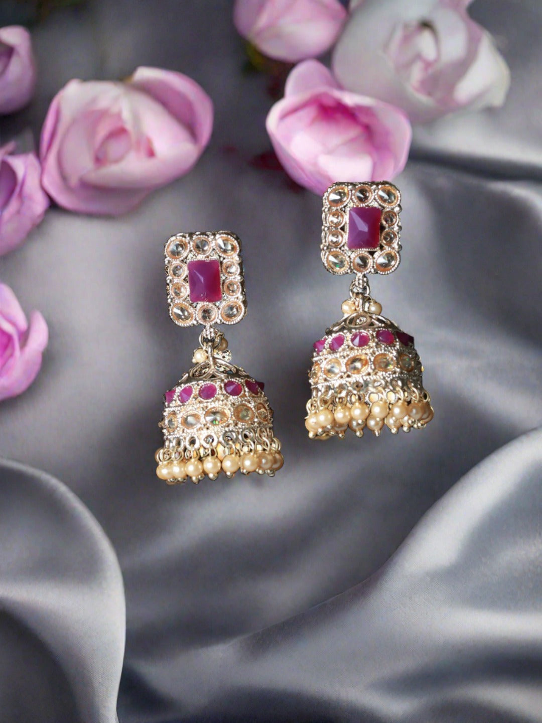 Pink Coloured Gold-Plated AD-Studded Handcrafted Square Shaped Jhumka earrings - Jazzandsizzle