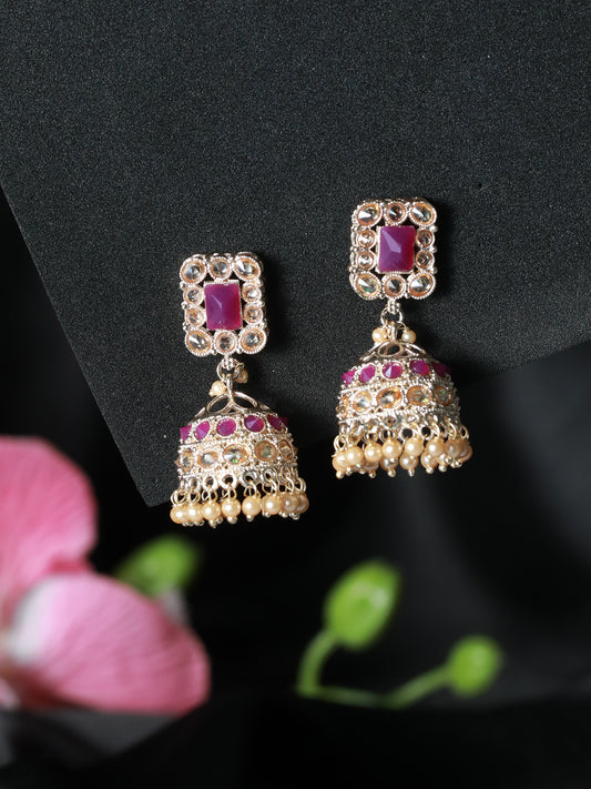 Pink Coloured Gold-Plated AD-Studded Handcrafted Square Shaped Jhumka earrings - Jazzandsizzle