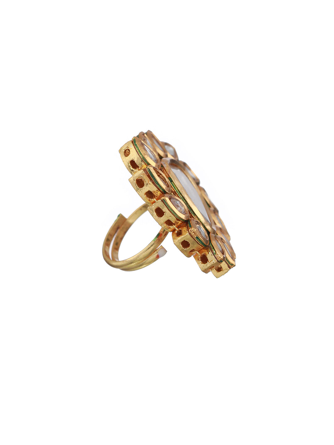 Gold-Plated White Kundan-Studded Handcrafted Adjustable Finger Ring - Jazzandsizzle