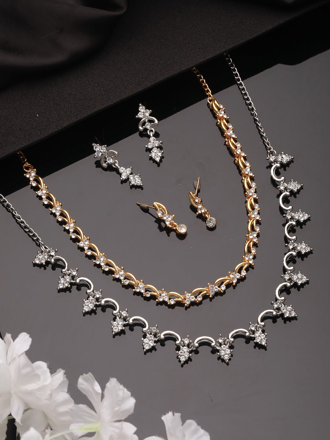 Jazz And Sizzle Set of 2 Gold & Silver Plated CZ Studded Jewelry SetS - Jazzandsizzle