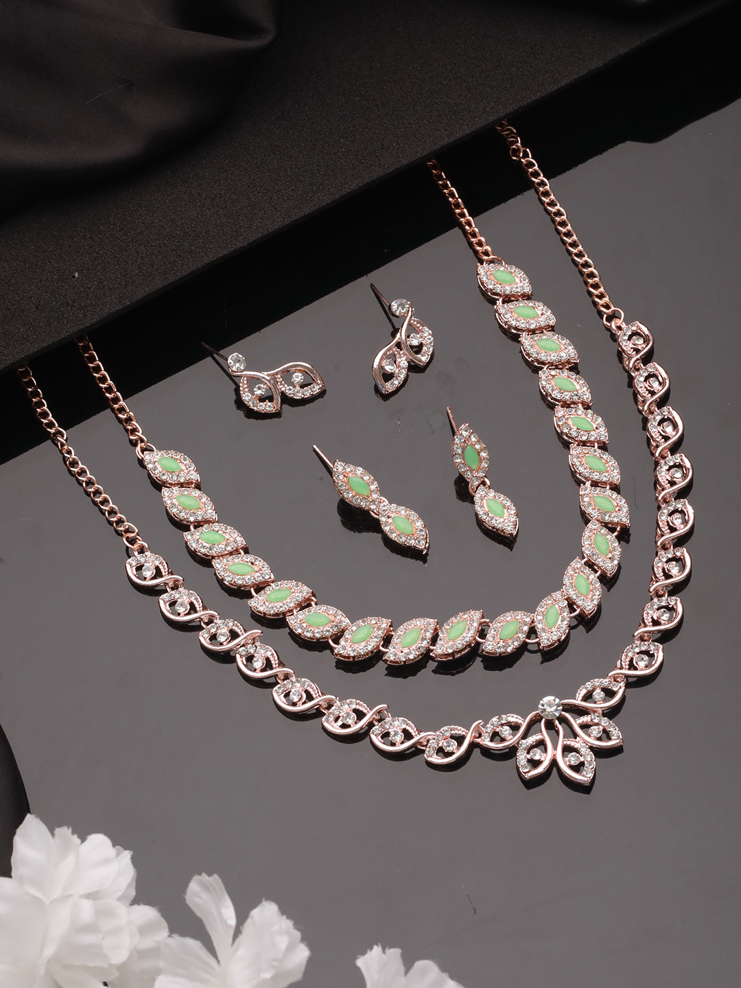 Jazz And Sizzle Set of 2 Rosegold Plated Mint Green & White CZ Studded Jewellery Set - Jazzandsizzle