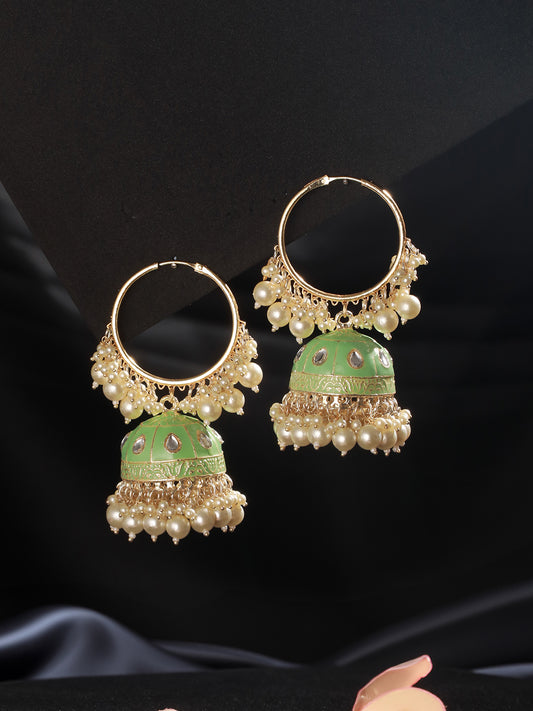 Gold Plated Kundan Studded Green Hoop Jhumka Earrings