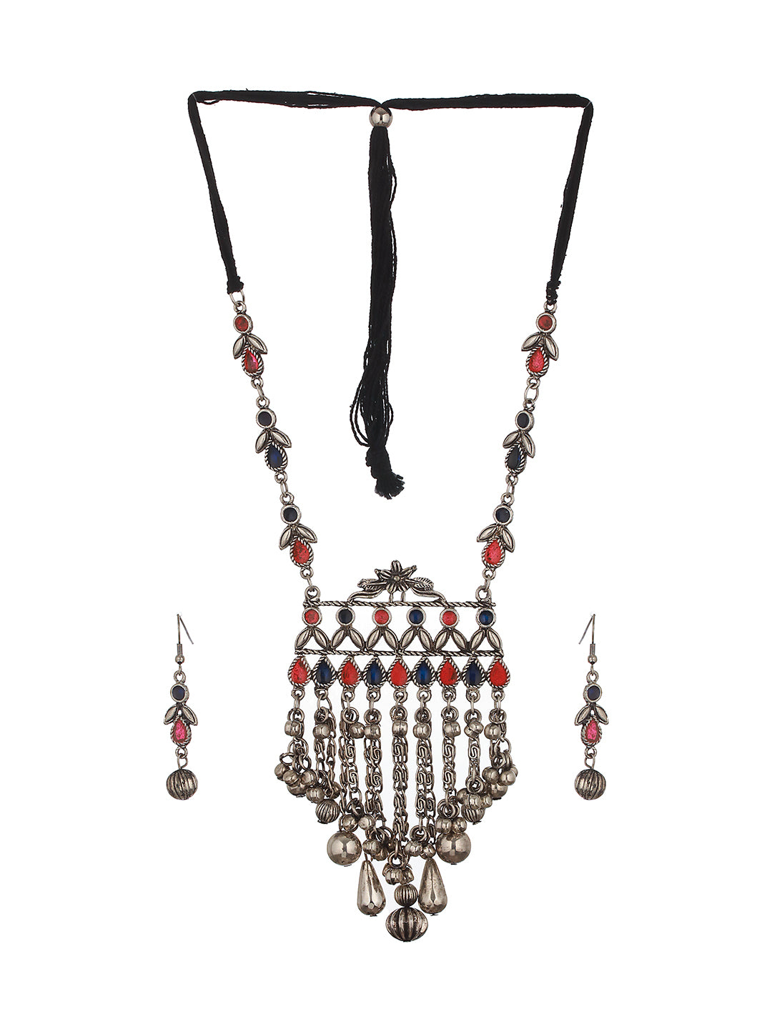 Silver-Plated Oxidised Enamelled & Beaded Necklace & Earrings