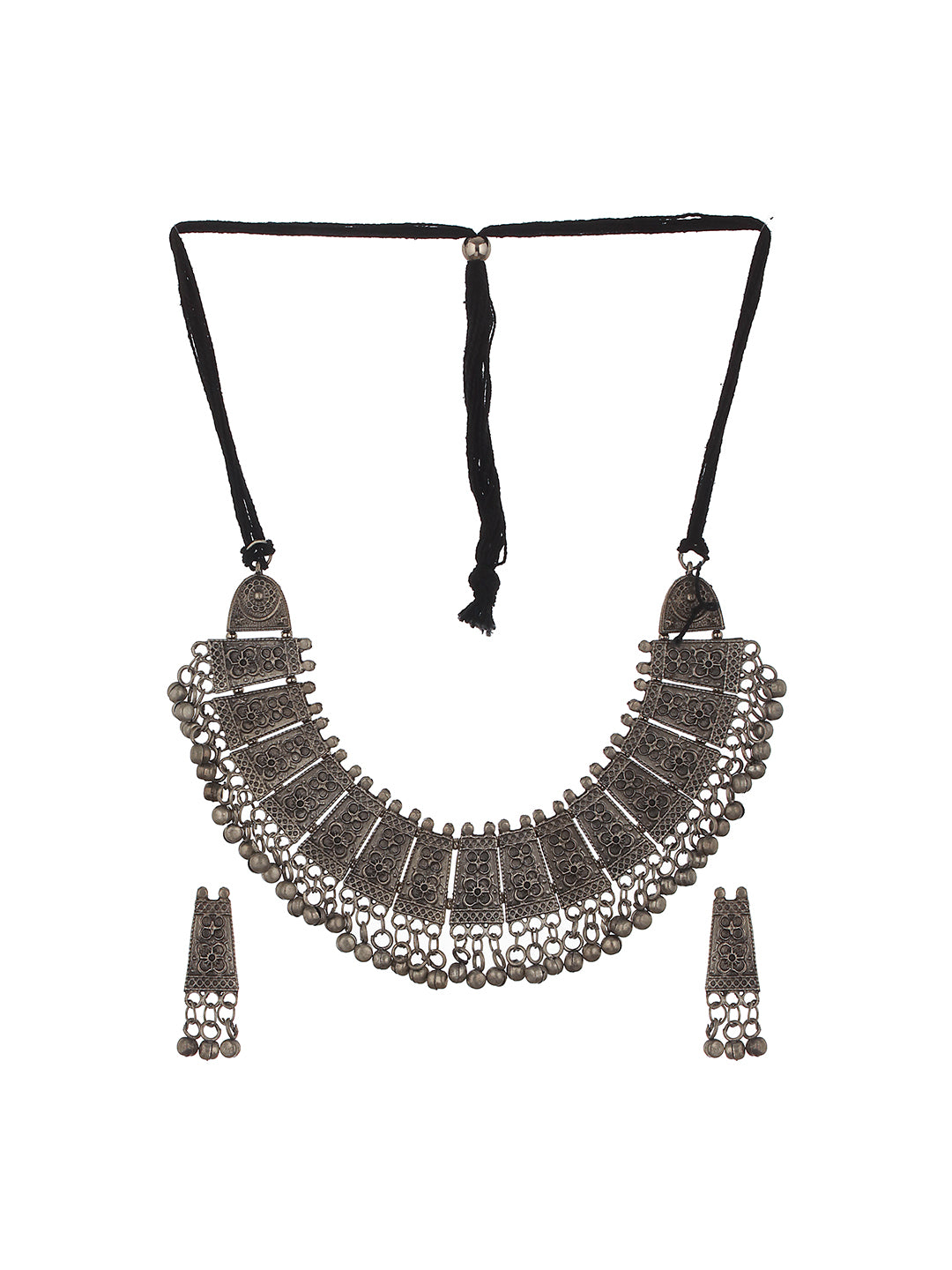 Silver-Plated Oxidised Beaded Necklace & Earrings - Jazzandsizzle