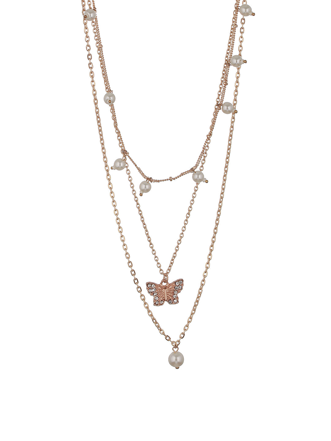 Gold-Plated Butterfly & Pearl Hanging Layered Necklace