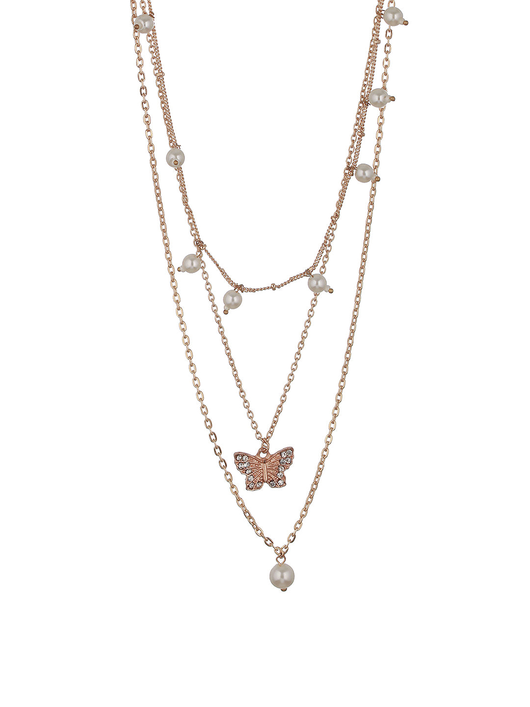 Gold-Plated Butterfly & Pearl Hanging Layered Necklace - Jazzandsizzle