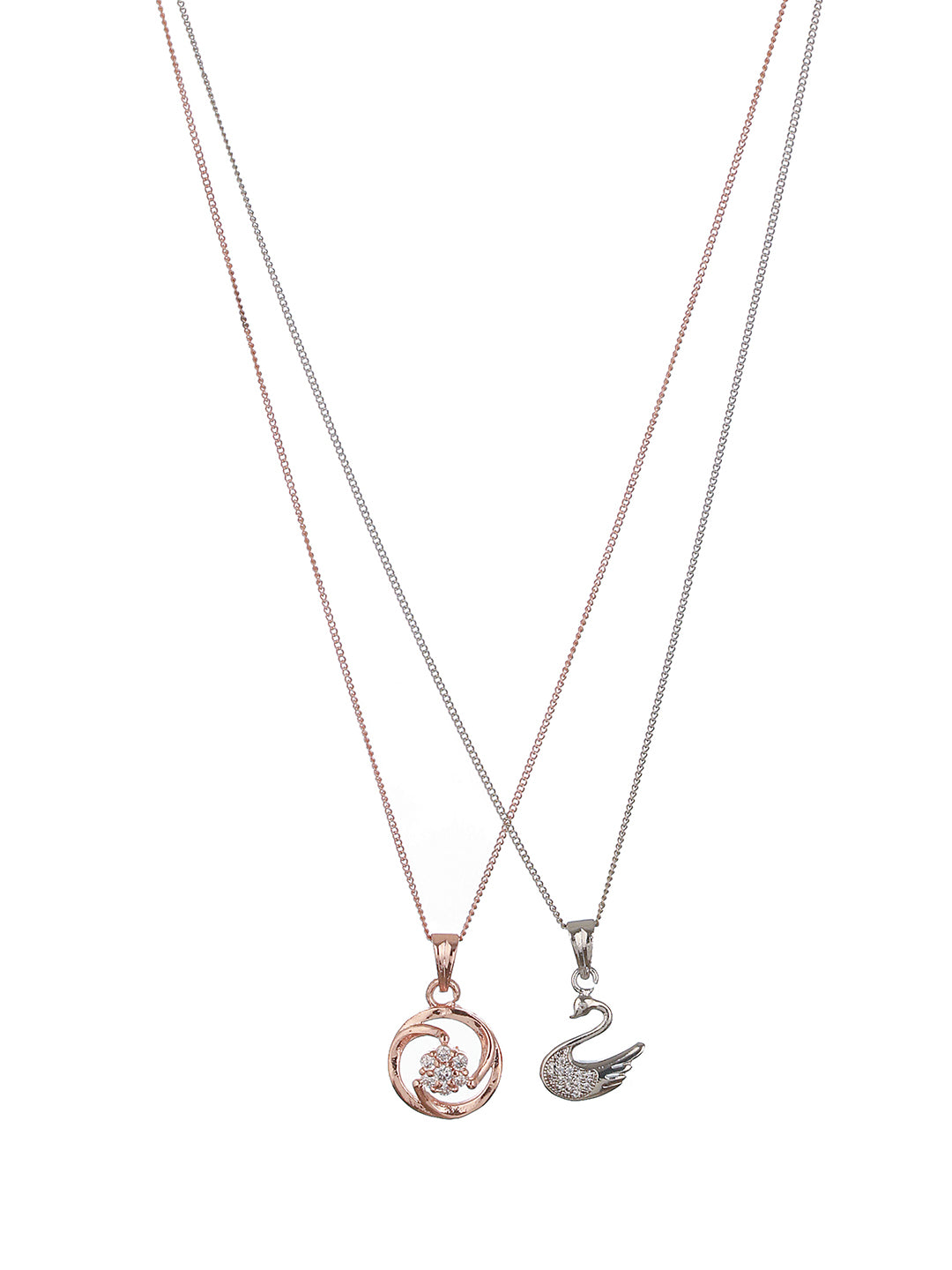 Set Of 2 Rose Gold Plated & Silver Plated CZ-Studded Pendant Chain - Jazzandsizzle