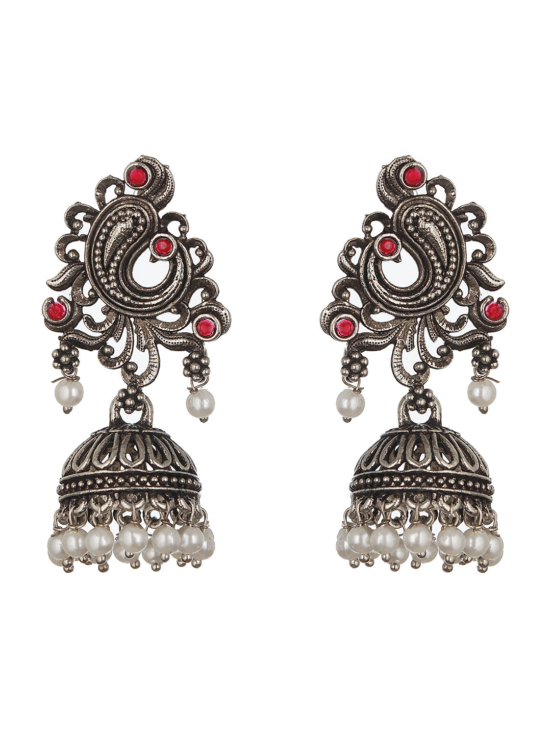 Silver-Plated Peacock Shaped Classic Jhumkas Earrings - Jazzandsizzle