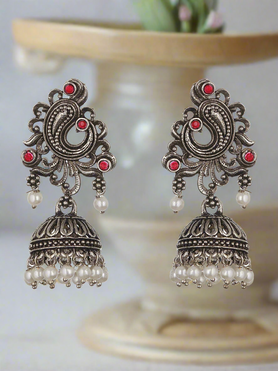 Silver-Plated Peacock Shaped Classic Jhumkas Earrings