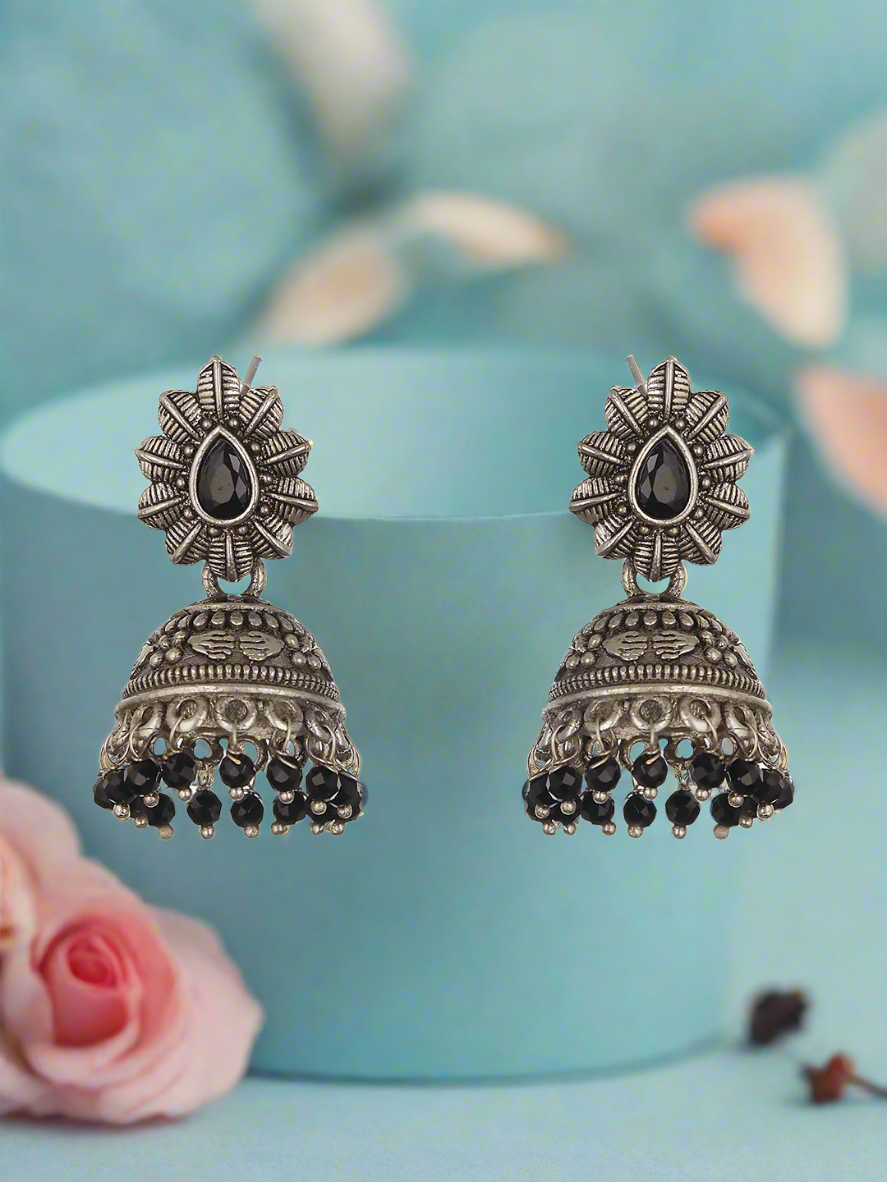 Silver-Toned Black Dome Shaped Jhumkas