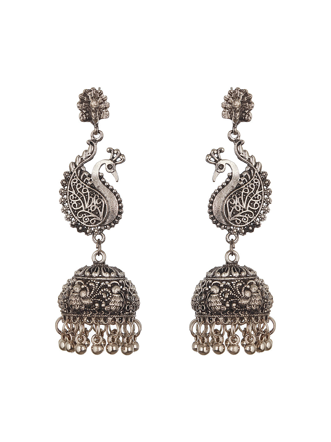 Oxidised Silver-Plated Peacock Shaped Jhumkas - Jazzandsizzle