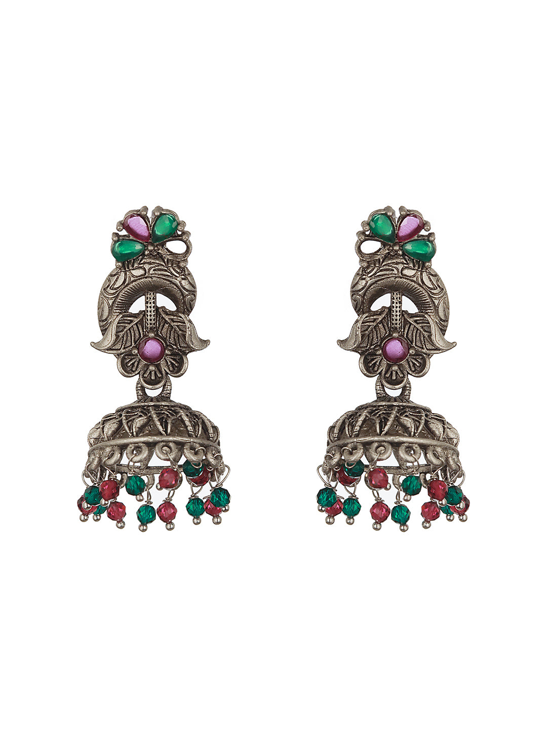 Silver-Toned Green & Pink Dome Shaped Jhumkas Earrings - Jazzandsizzle