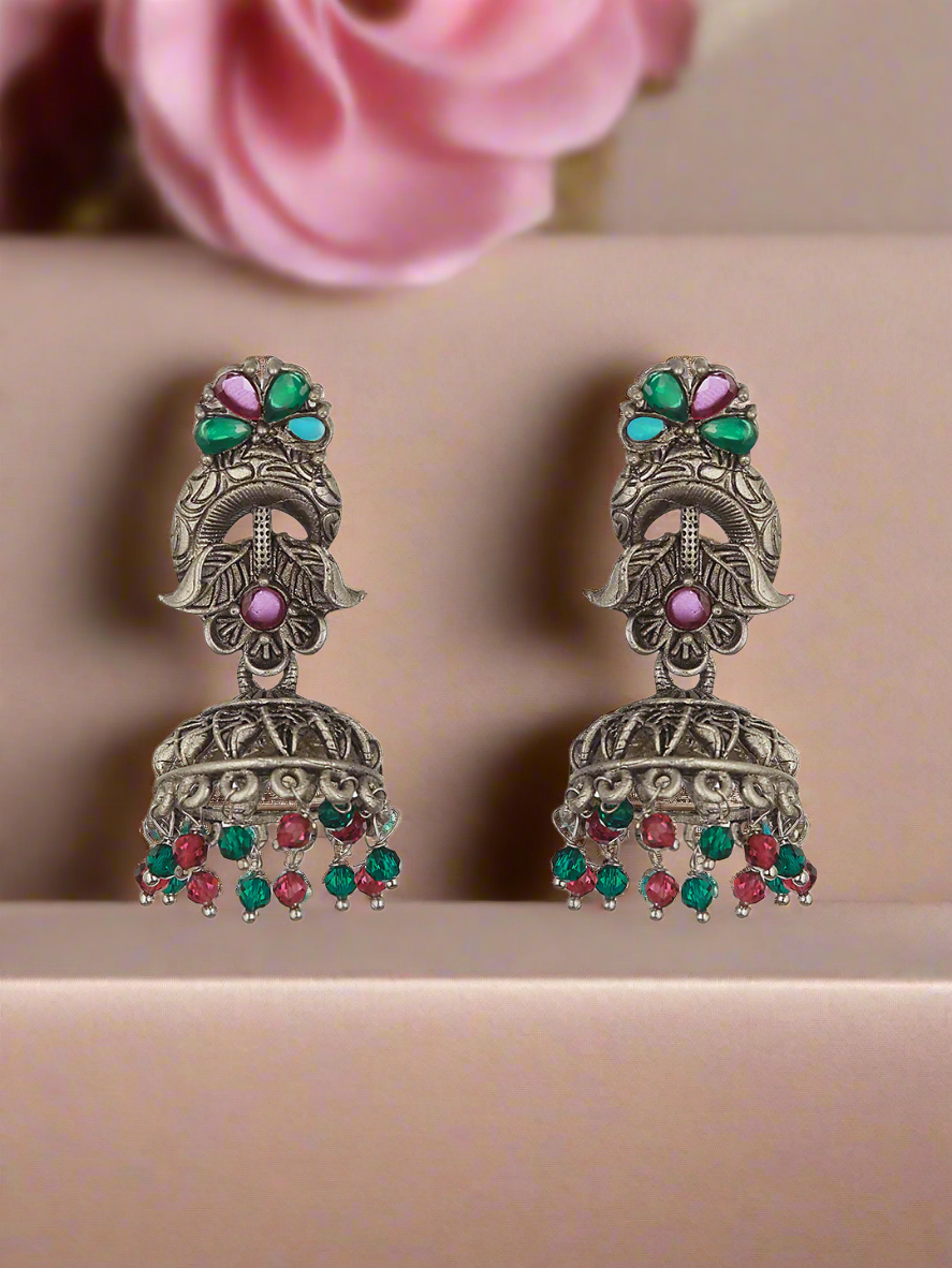 Silver-Toned Green & Pink Dome Shaped Jhumkas Earrings