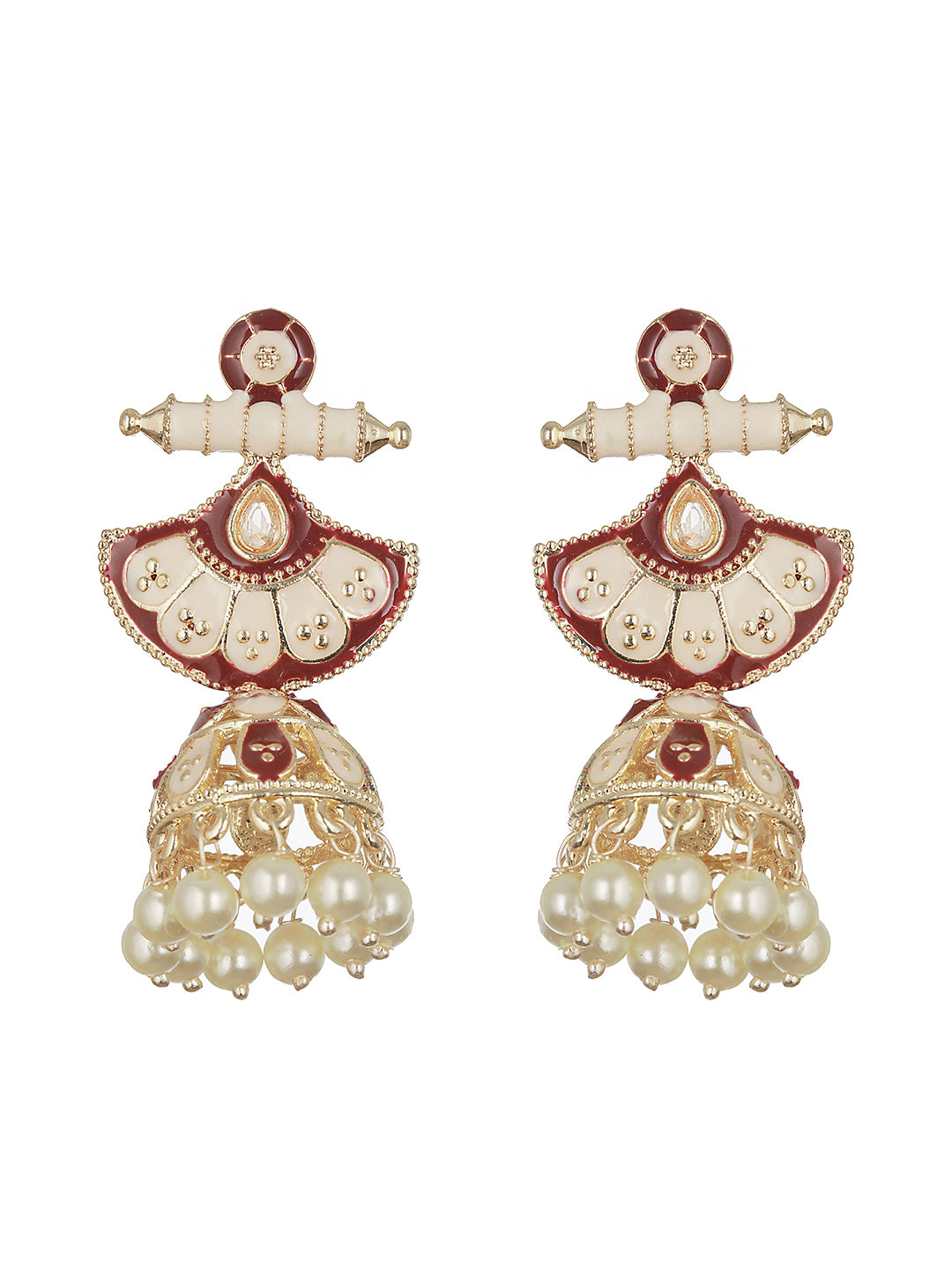 Gold-Toned White & Marron Meenakari Jhumkas Earrings - Jazzandsizzle
