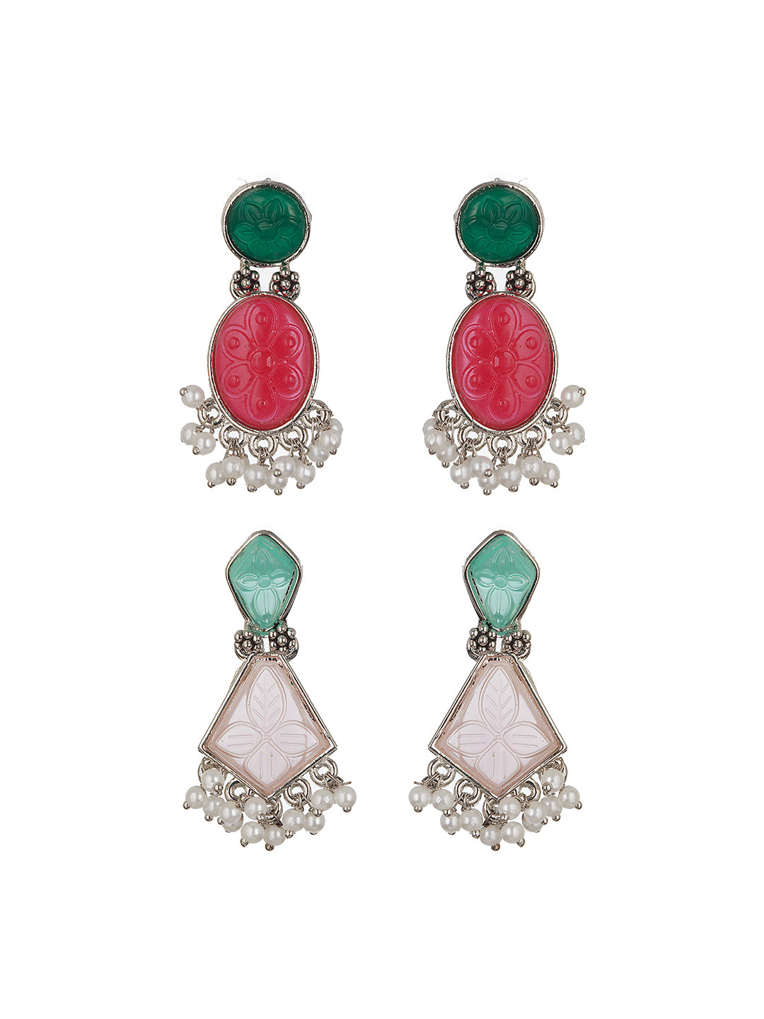 Set of 2 Gold-Plated Pink & Green Dome Shaped Drop Earrings - Jazzandsizzle