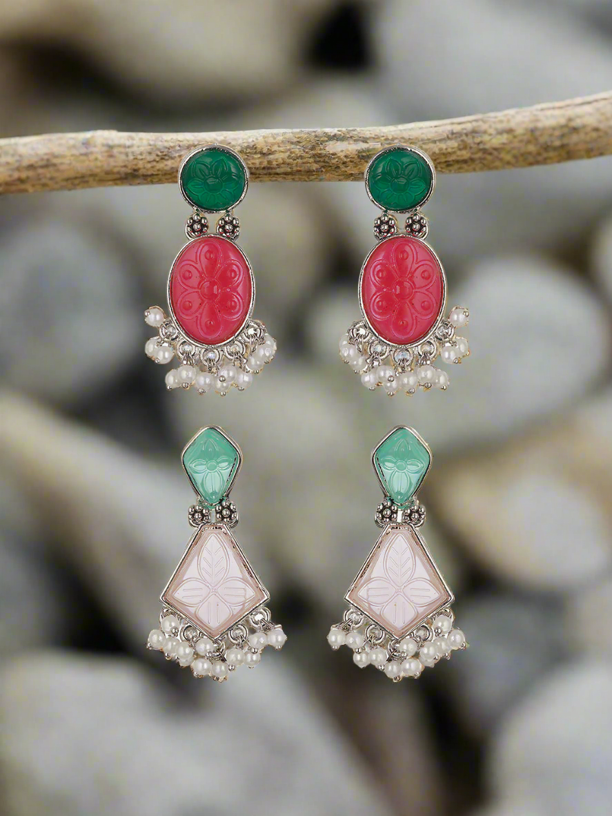 Set Of 2 Gold-Plated Pink & Green Dome Shaped Drop Earrings