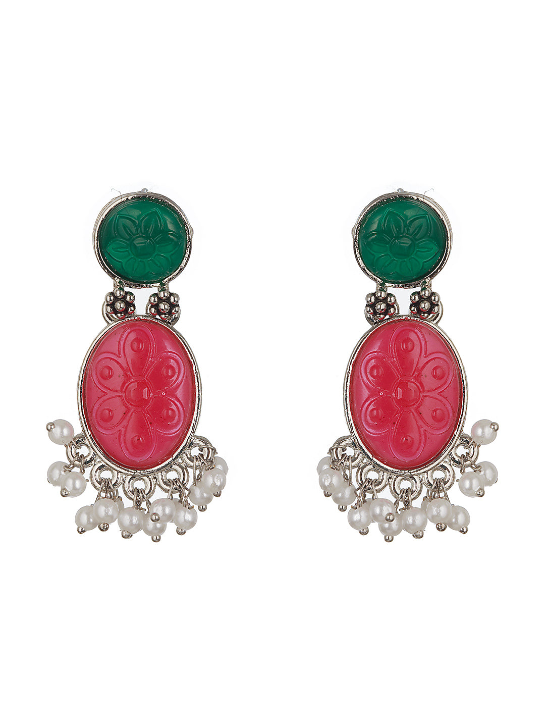 Set of 2 Gold-Plated Pink & Green Dome Shaped Drop Earrings - Jazzandsizzle