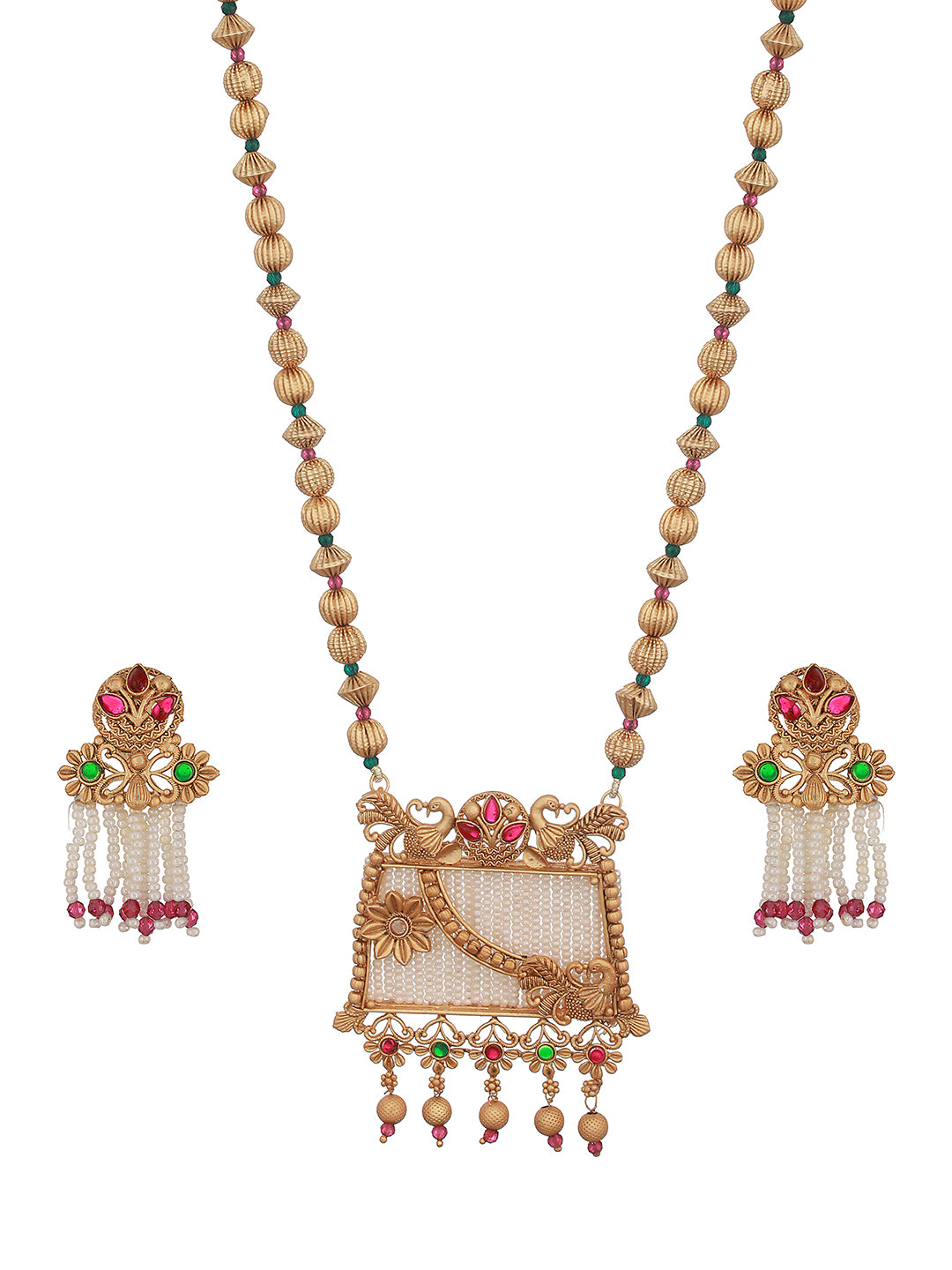 JAZZ AND SIZZLE 24K Gold-Plated Green & Red Stone Studded & Pearl Beaded Handcrafted Traditional Necklace Set - Jazzandsizzle