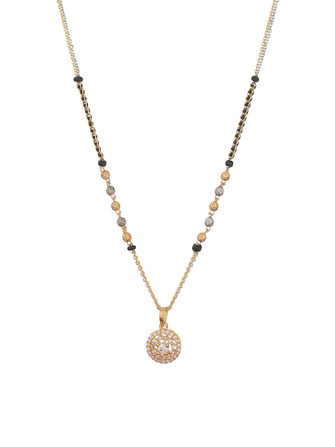 Rosegold-Plated White Ad-Studded & Black Beaded Round Shaped Mangalsutra