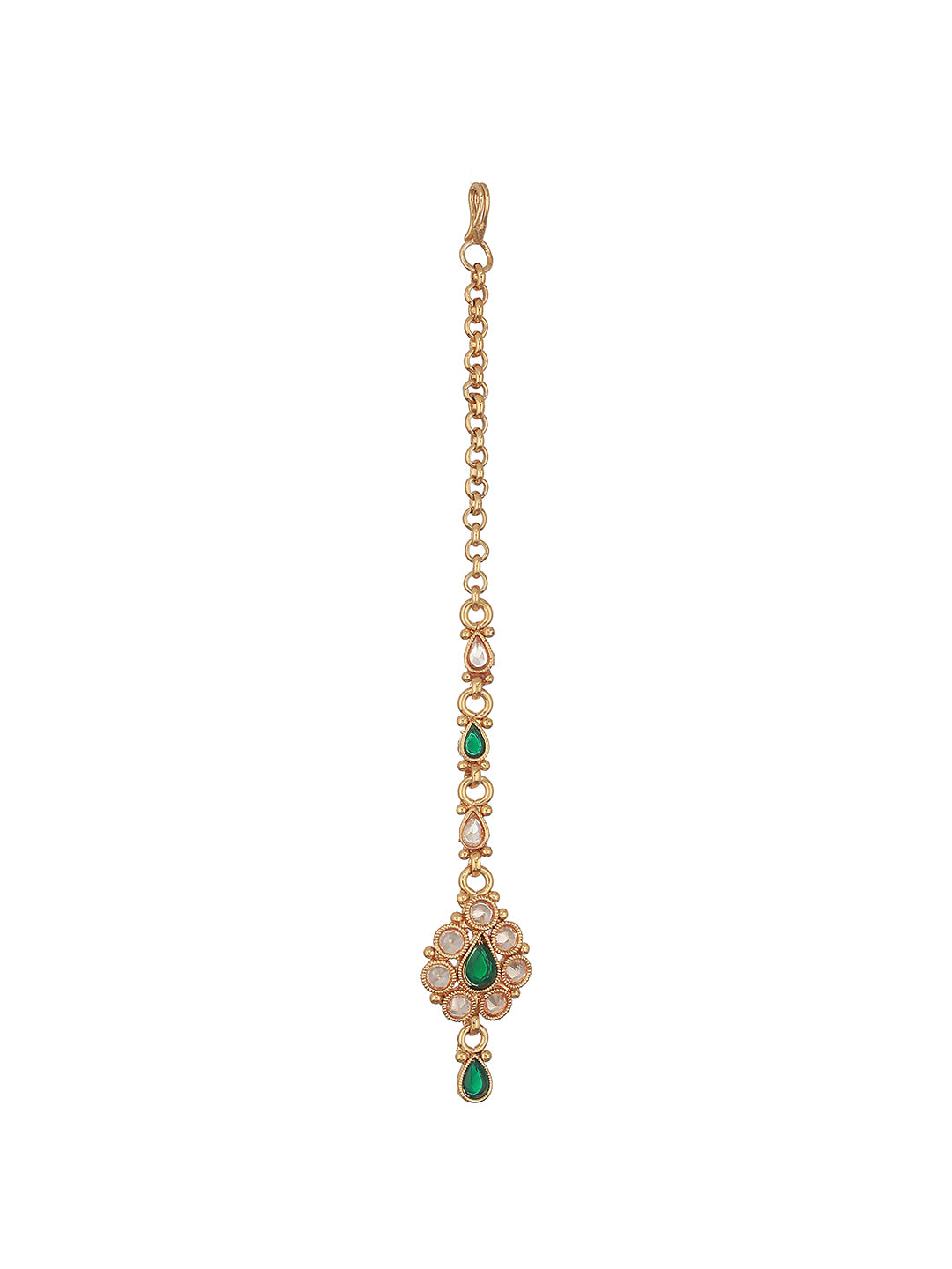 Gold-Plated Green & White Faux Kundan-Studded Handcrafted Maang Tika - Jazzandsizzle