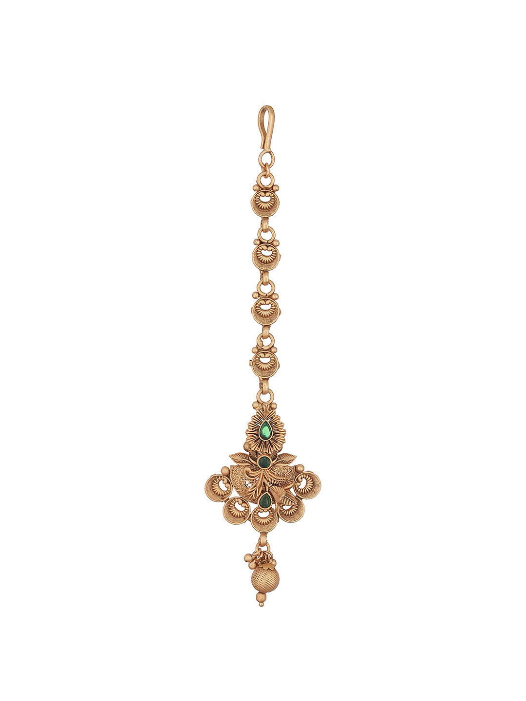 Gold-Plated Green Stone Studded Handcrafted Temple Maang Tikka
