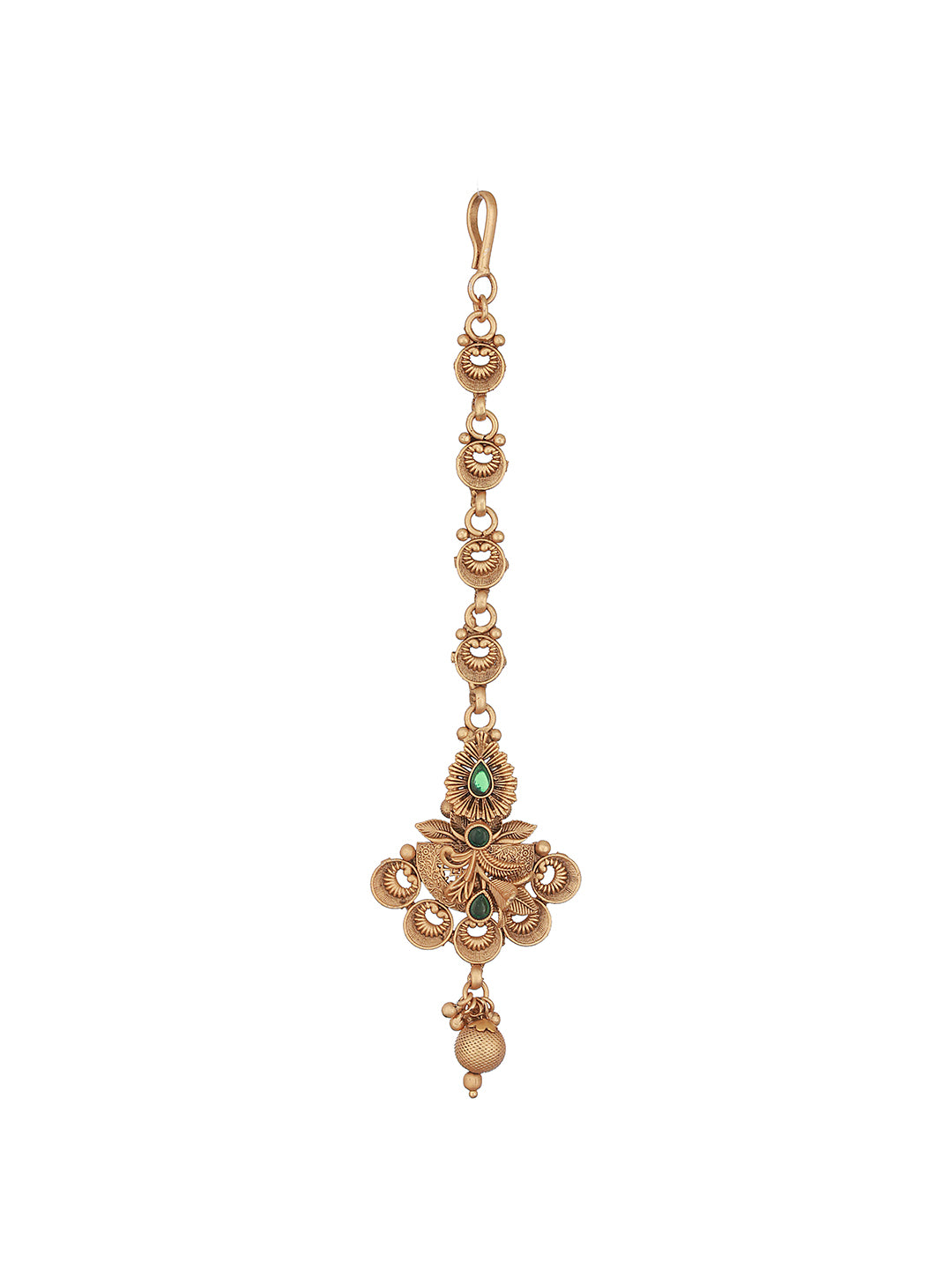 Gold-Plated Green Stone Studded Handcrafted Temple Maang Tikka - Jazzandsizzle