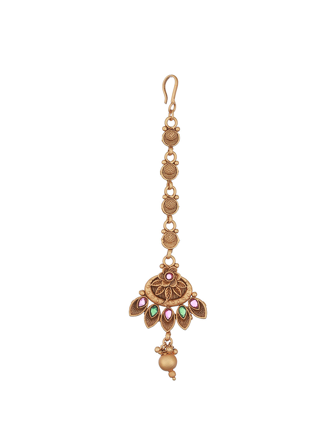 Gold-Plated Pink & Green Stone Studded Handcrafted Temple Maang Tikka - Jazzandsizzle