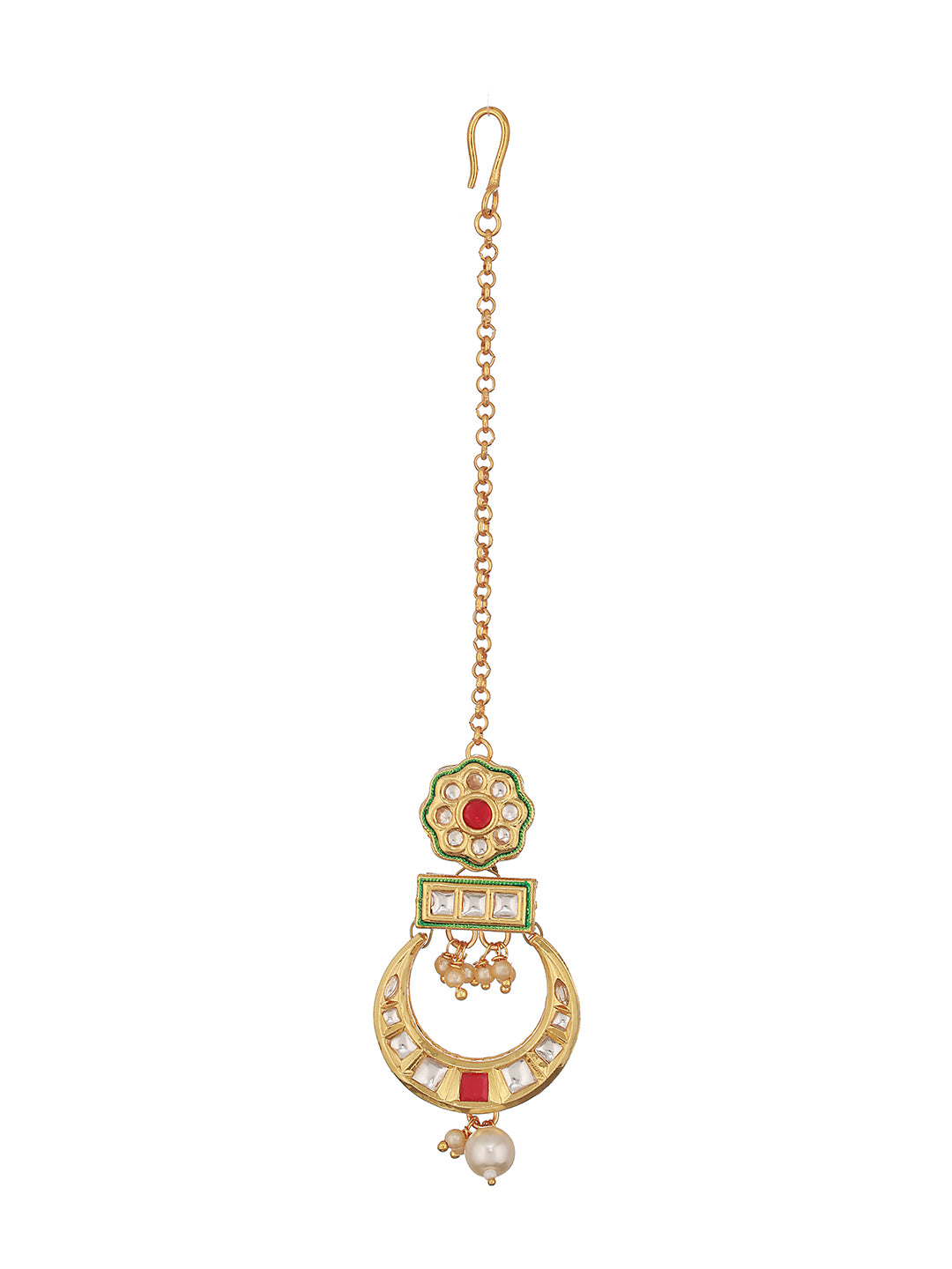 24K Gold-Plated Red & White Kundan & Green Meenakari Maangtikka - Jazzandsizzle